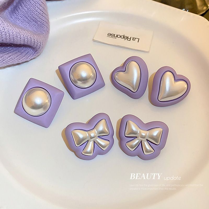 Vintage Purple Contrast Color Pearl Geometric Heart Earrings Wholesale