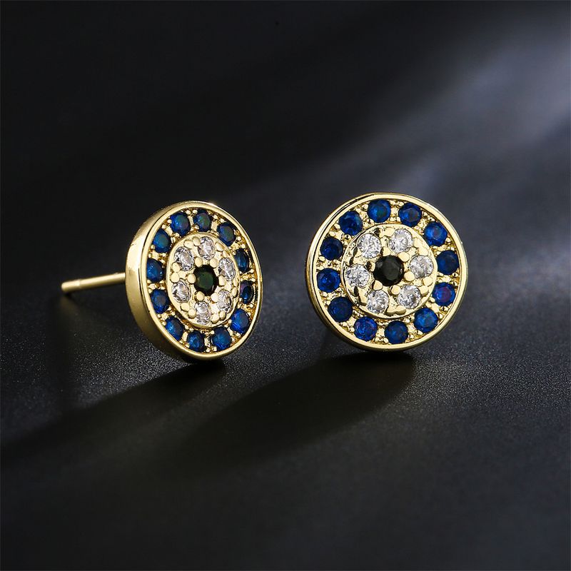 Retro Simple Round Black And White Blue Zircon Earrings Copper Plated 18k Gold Earrings