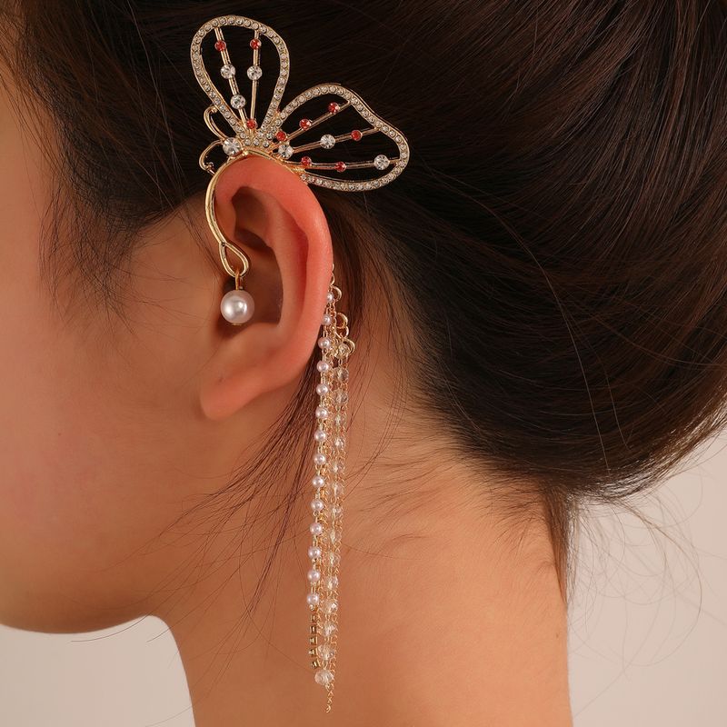 New Long Tassel Butterfly Long Pearl Single Alloy Ear Clip