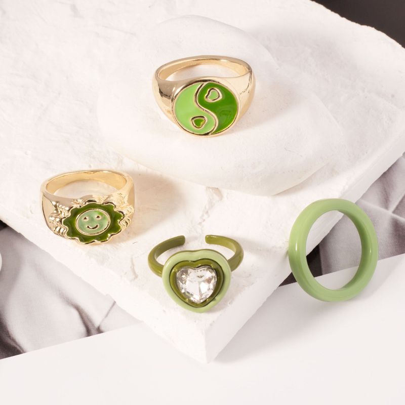 Matcha Green Avocado Rhinestone Ring Niche Heart-shaped Index Finger Ring Set