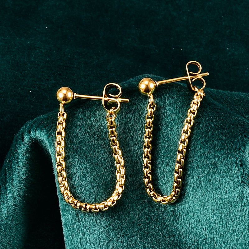 Simple Tassel Chain Rear Hanging Titanium Steel Rose Gold Stud Earrings