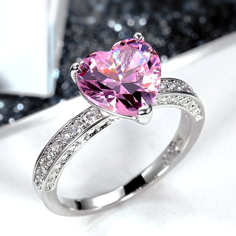 Neue Eheringe Eingelegt Mit Aaa Herzförmigem Rosa Diamant Zirkon Kupfer Ring