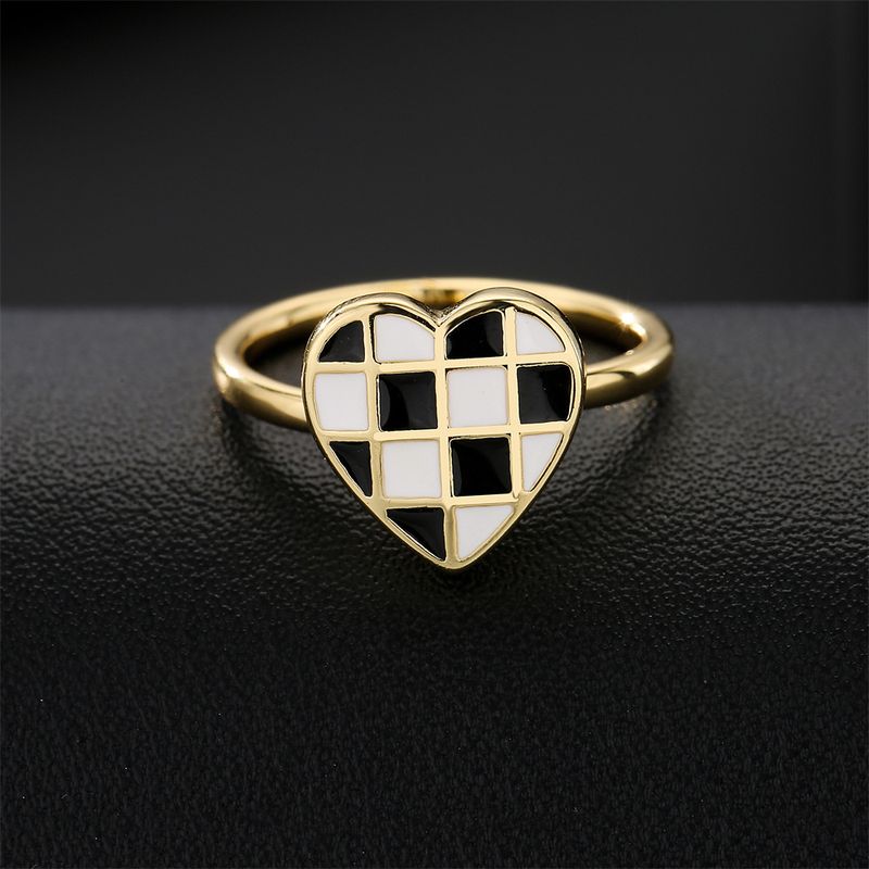 Fashion Copper Plated 18k Gold Black And White Dripping Oil Heart Open Ring Female