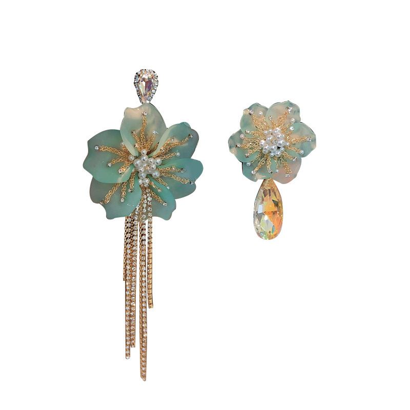 Pendientes De Flores Asimétricos De Perlas De Cristal De Diamantes De Imitación De Moda Al Por Mayor