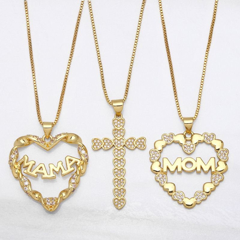 Fashion Mama Hollow Heart Shaped Letter Mom Inlaid Zircon Copper Pendant Necklace