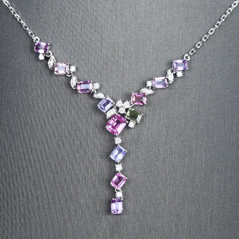 Vintage Sapphire Colorful Purple Pink Zircon Copper Tourmaline Set Necklace