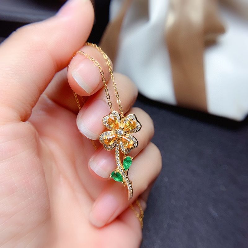 Fashion Four-leaf Clover Necklace Imitation Natural Emerald Copper Pendant