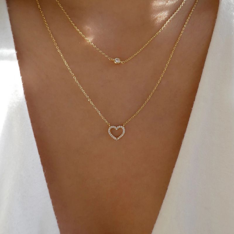 Simple New Small Round Rhinestone Heart Circle Double Layer Necklace