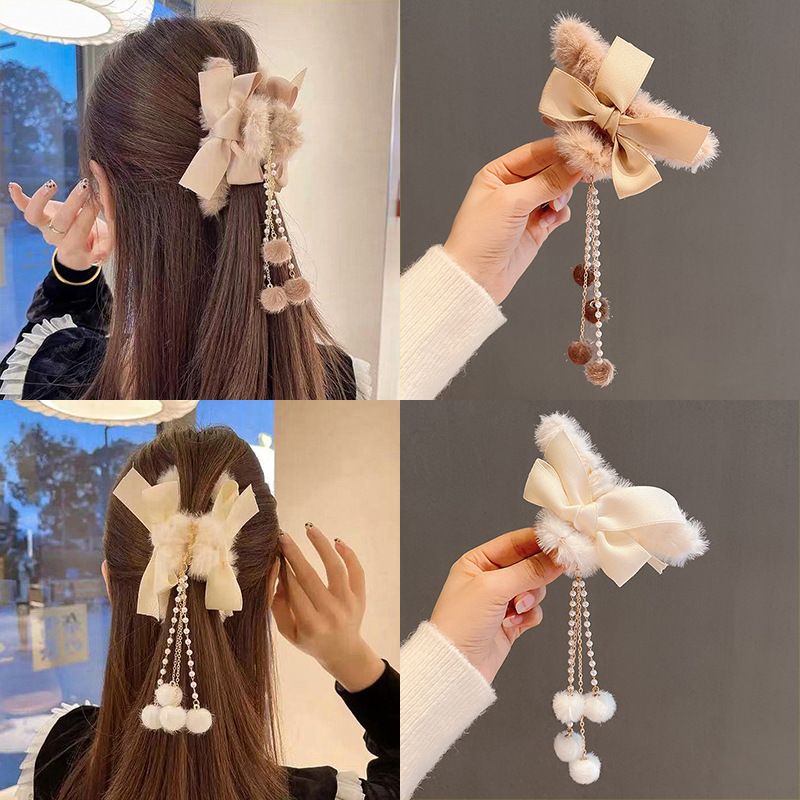 Horquilla De Borla Con Lazo De Felpa Para Otoño E Invierno, Pinza Para El Pelo Con Placa Para La Cabeza Trasera Dulce