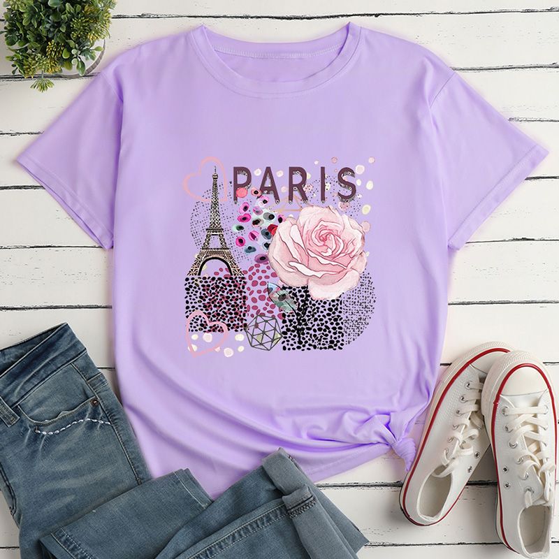 Eiffel Tower Flower Print Ladies Loose Casual T-shirt