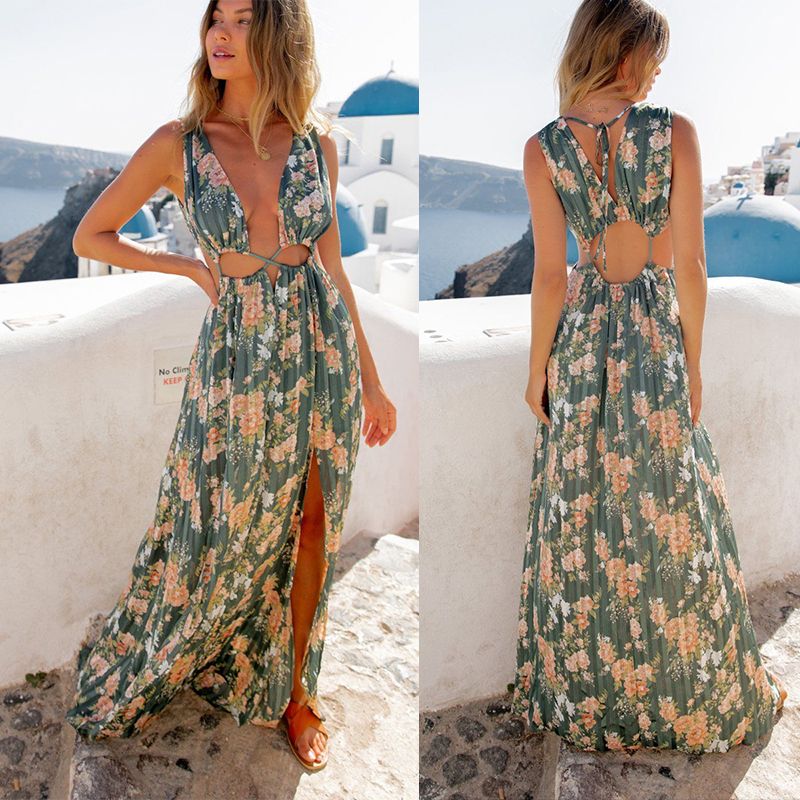 Summer New Bohemian Floral Hollow Backless Beach Dress