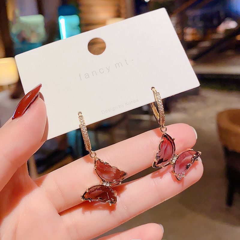 Mode Lila Kristall Schmetterling Vergoldet Kupfer Ohrringe Weiblich Großhandel
