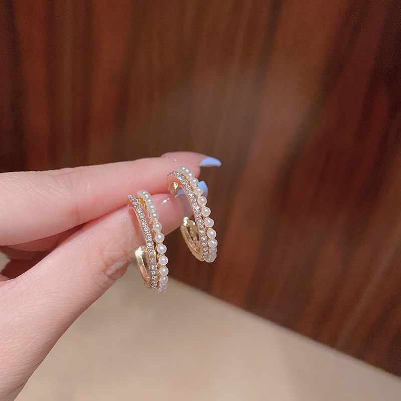 Pendientes De Semicírculo En Forma De C A La Moda, Pendientes De Perlas Con Incrustaciones De Diamantes Para Mujer