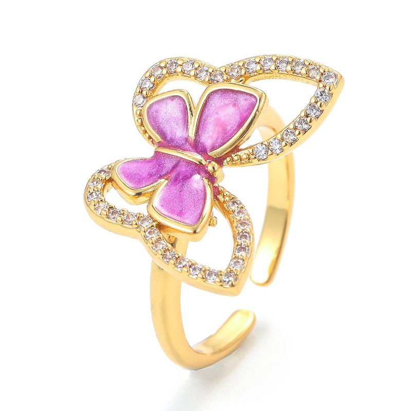 Korean Color Oil Drop Copper Micro-encrusted Zircon Butterfly Open Adjustable Ring