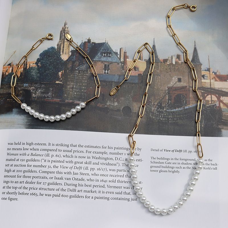 Mode Halb Genähte Kette Perle Titan Stahl Vergoldet 18 Karat Gold Halskette Armband