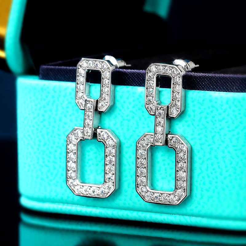 Fashion Block Chain Micro-set Zircon Simple Rectangular Copper Earrings