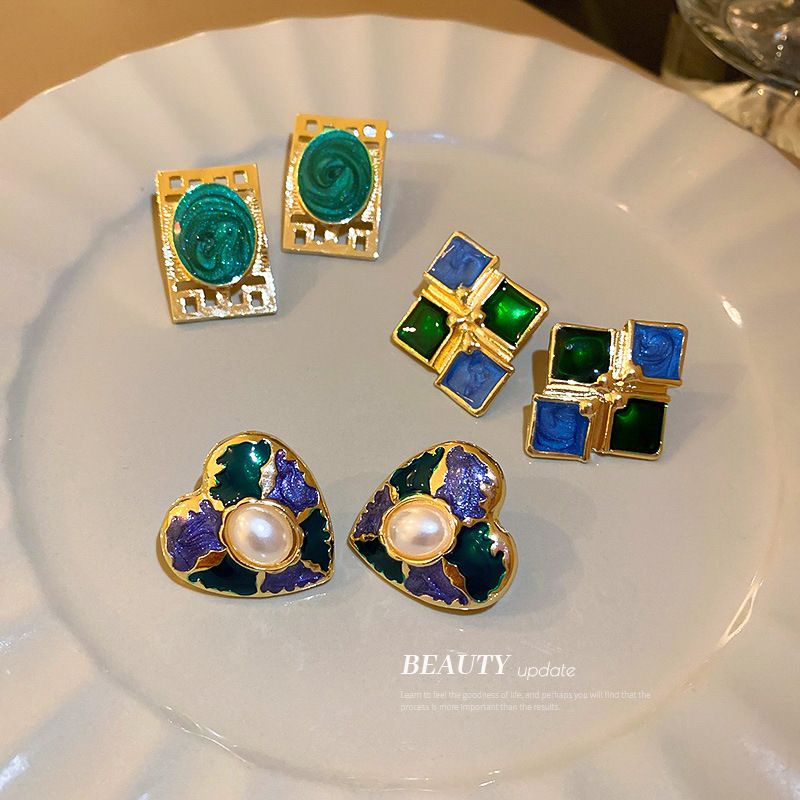 Green Drop Oil Oval Earrings Square Stud Earrings Korean Earrings