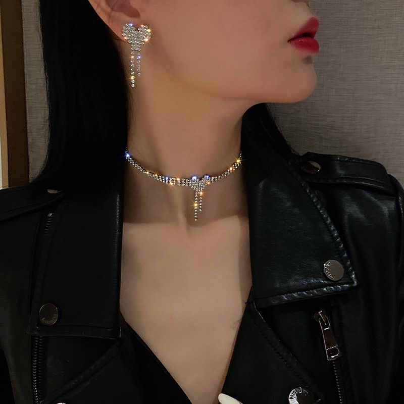 Moda Llena De Diamantes Corazón Borla Aleación Pendiente Collar Joyería De Moda Coreana