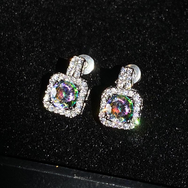 Cuadrado Simple Lleno De Joyas De Aretes De Cobre Chapado En Platino De Circón