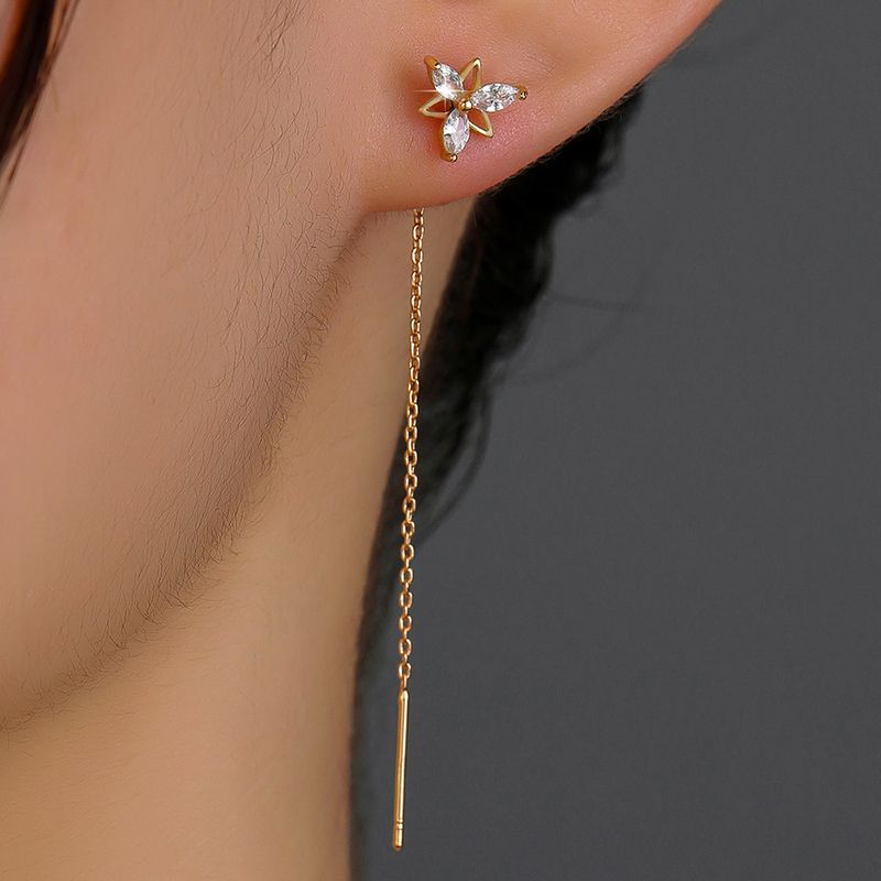 Simple Fashionable Golden Flower Zircon Long Metal Earrings Wholesale