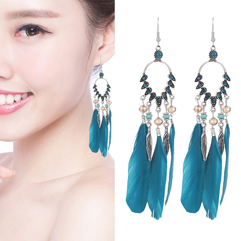 New Peacock Feather Diamond-studded Rice Bead Long Tassel Earrings