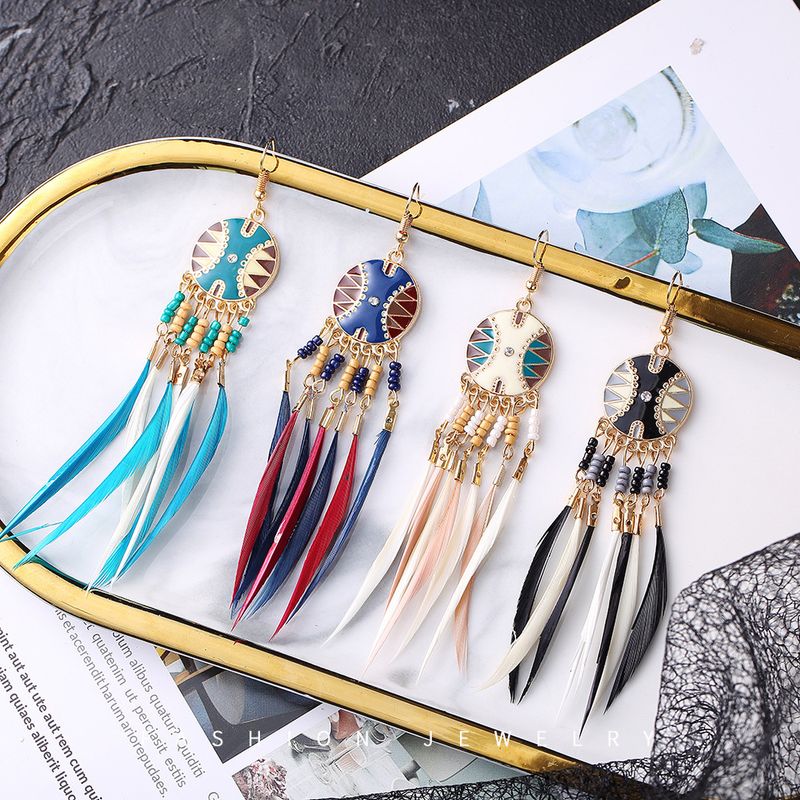 Bohemian Two-tone Long Feather Rice Beads Stud Tassel Earrings