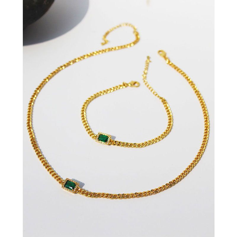 Echt Vergoldetes, Leichtes, Luxuriöses Retro-smaragd-zirkon-kupfer-schlüsselbein-kettenarmband Aus Messing