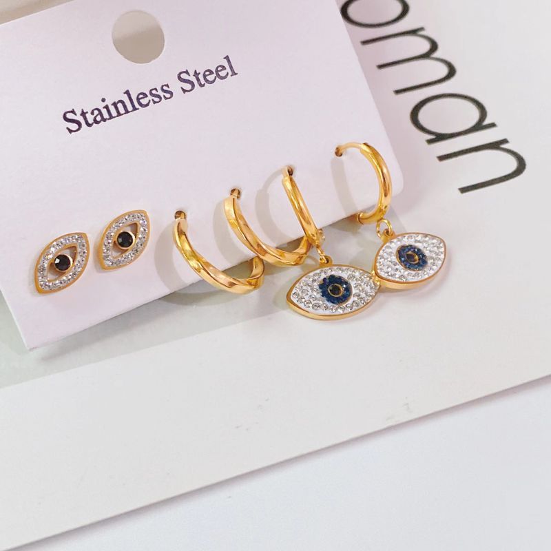 Fashion New Titanium Steel Micro-diamond Zircon Eye Shape Earrings Set
