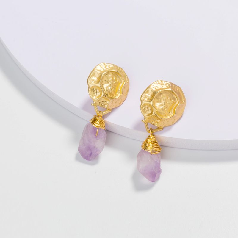 Fashion Trend Matte Gold Purple Natural Stone Drop Earrings Wholesale