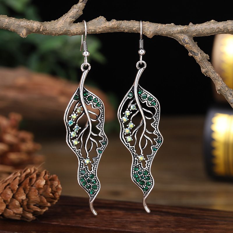 New Long Leaf Simple Women's Colored Diamond Accessories Alloy Earrings