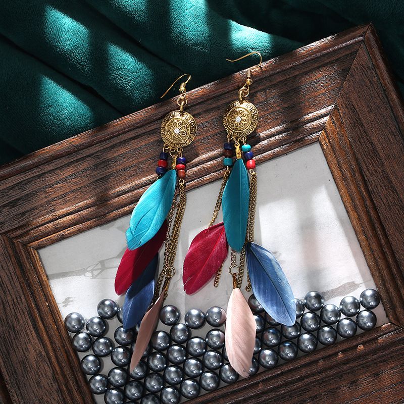 Retro Chain Tassel Bohemian Feathers Creative Long Earrings Wholesale