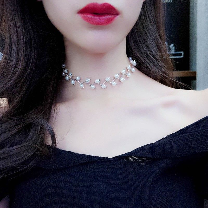 Female Lace Collarbone Neck Jewelry Neckband Collar Simple Metal Necklace Pearl