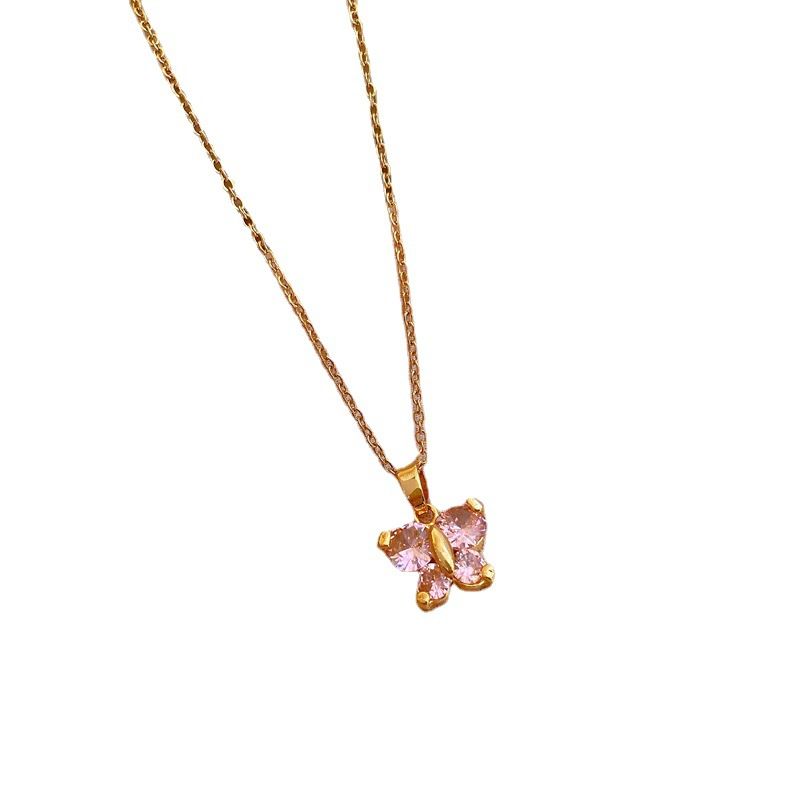 Fashion Titanium Steel Pink Butterfly Micro-encrusted Diamond Necklace