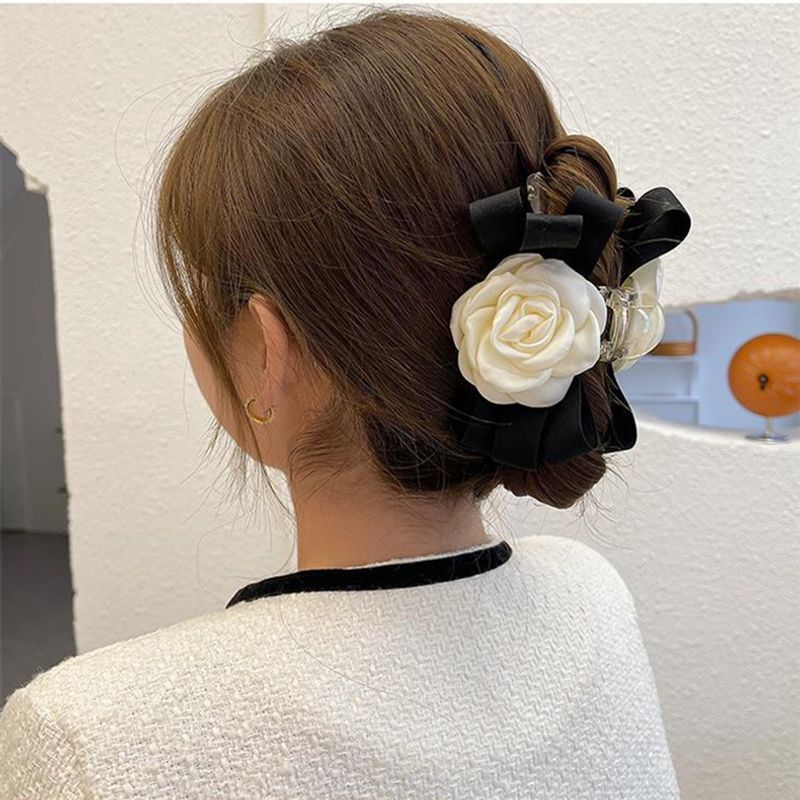 Camellia Flower Black Bow Hair Grab Fashion Shark Clip Female