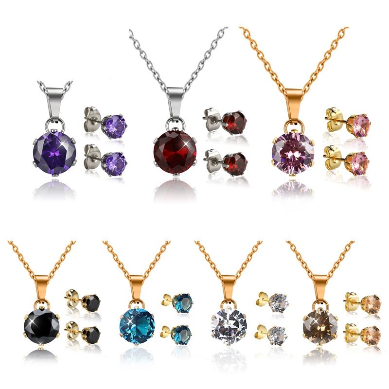 Fashion Stainless Steel Necklace Earrings Set Zircon  Itanium Steel