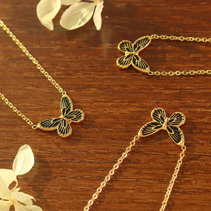 Bohemian Wave Pattern Butterfly Pendant Titanium Steel 18k Gold Plated Necklace