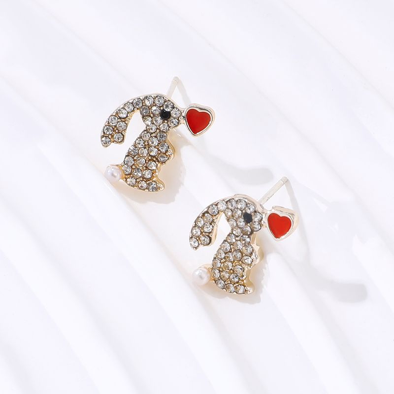 2022 Creative Animal Cute Rabbit Rhinestone Personality Red Love Stud Earrings