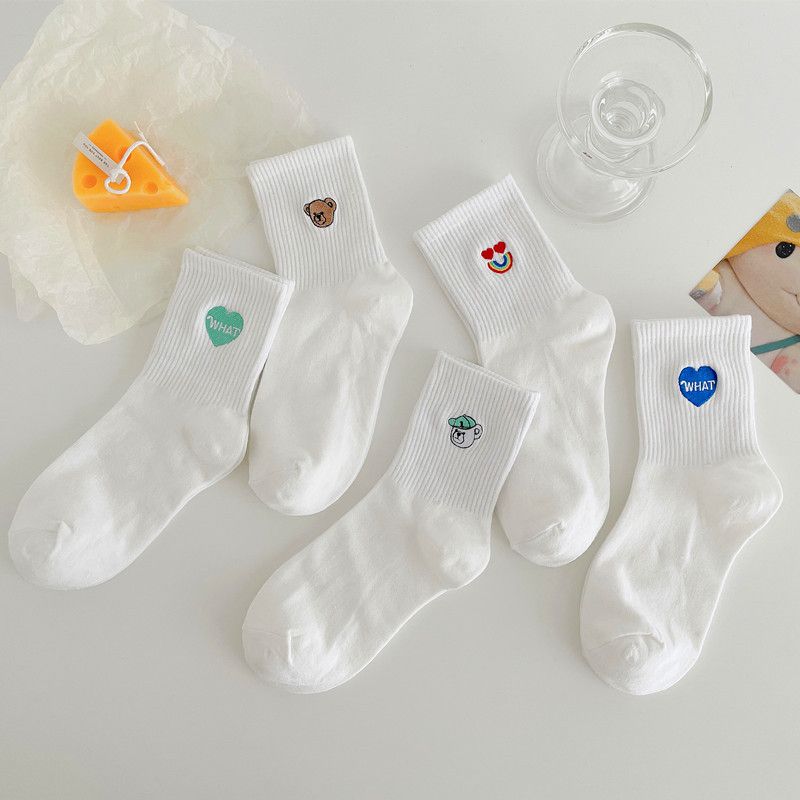 Couple Sports Socks Heart Embroidery White Socks Mid-tube Cotton Socks