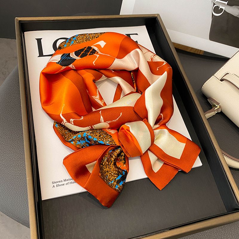 Printemps Et Automne Mince Rétro Couture Cheval Orange Simulation Soie Satin Longue Écharpe En Soie