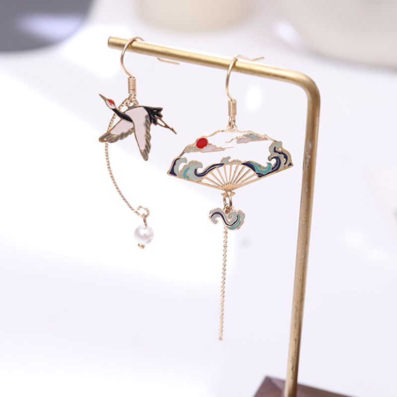 Creative Crane Ancient Fan Asymmetric Long Tassel Pearl Painting Oil Drop Earrings