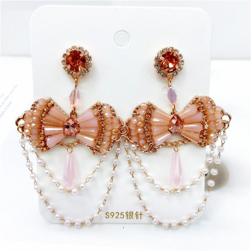 Vintage Exaggerated Bow Shaped Crystal Pearl Tassel Chain Earrings