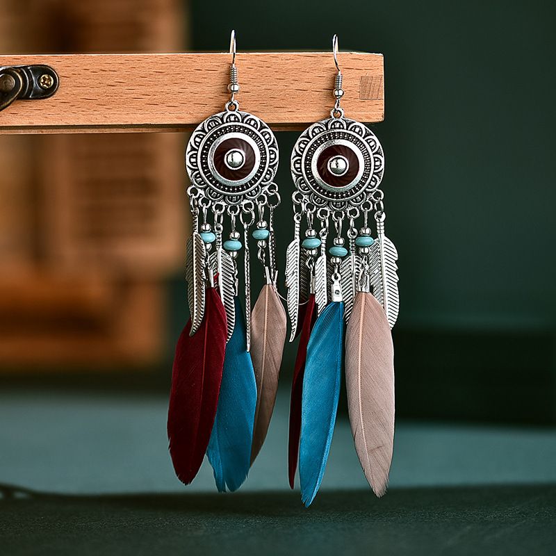 Vintage Geometric Round Alloy Long Feather Leaves Tassel Earrings Wholesale