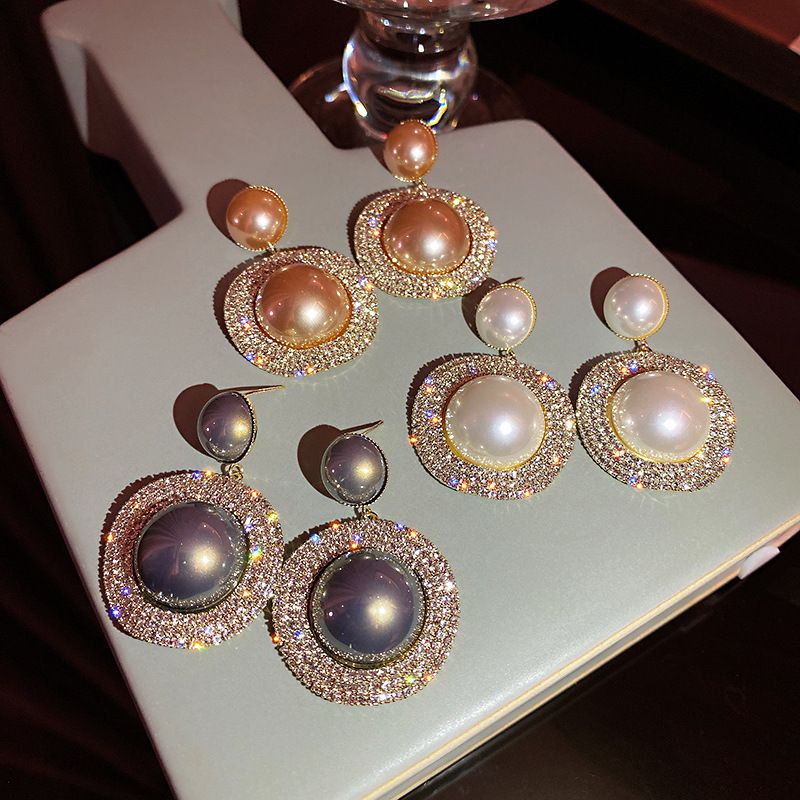 Fashion Round Geometric Exaggerated Full Rhinestone Pearl Earrings Wholesale
