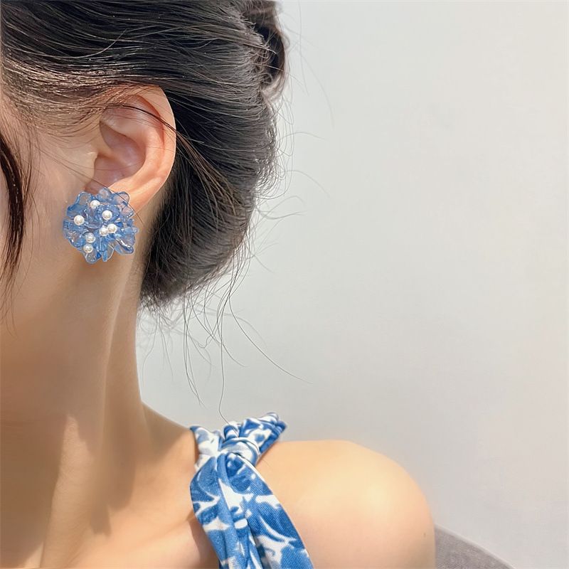 Moda Acrílico Klein Azul Camelia Perla Aretes Al Por Mayor