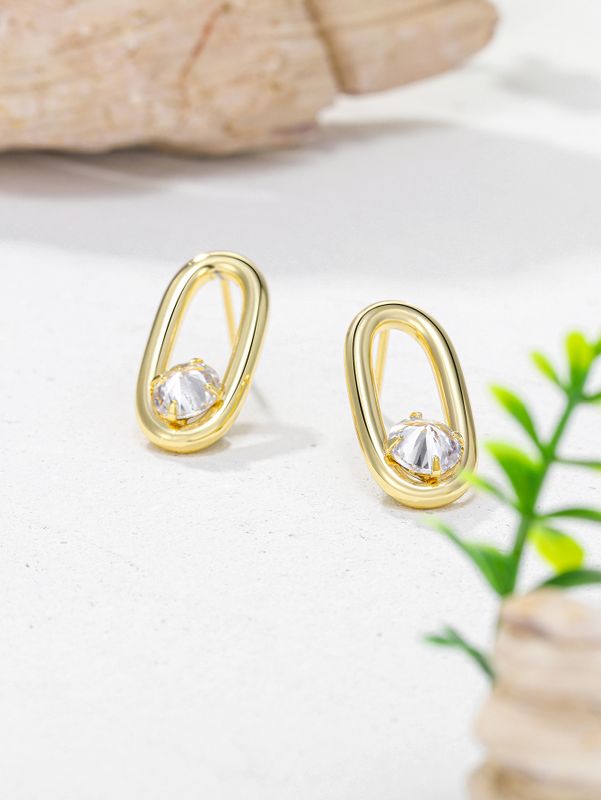 Boucles D&#39;oreilles Simples Ovales En Cuivre Zircon Incrusté Géométrique Simple