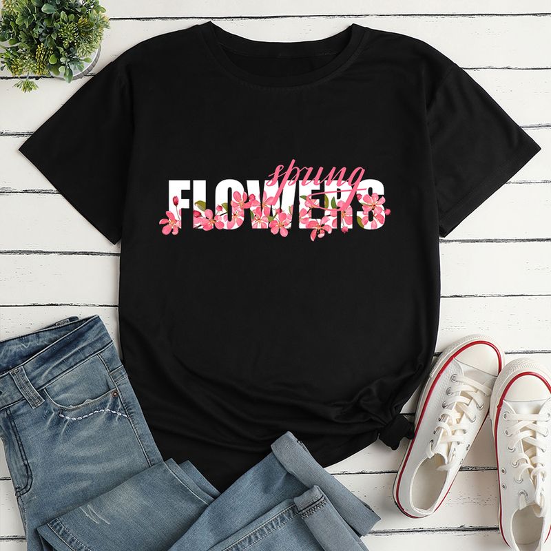 Fashion Flower Letter Print Ladies Loose Casual T-shirt
