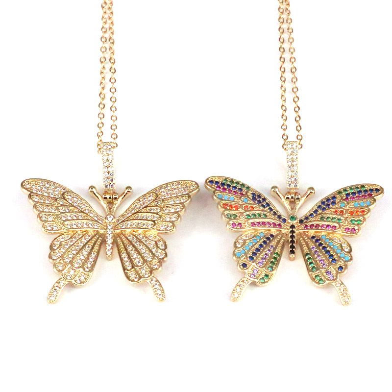 Retro Micro-set Zircon Butterfly Pendant Copper Gold Plated Necklace