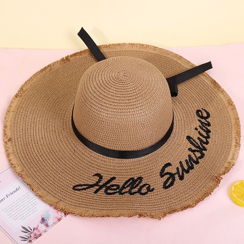 Fashion Wide-brimmed Outdoor Streamer Letter Printing Straw Sunscreen Hat