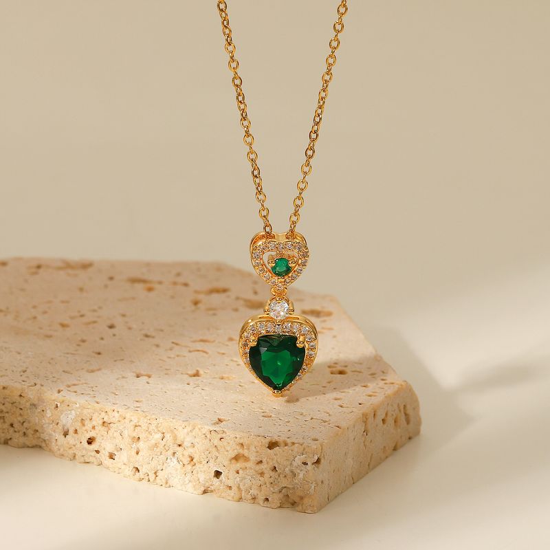 Fashion Green Heart-shaped White Zirconium Trim Pendant Stainless Steel Necklace