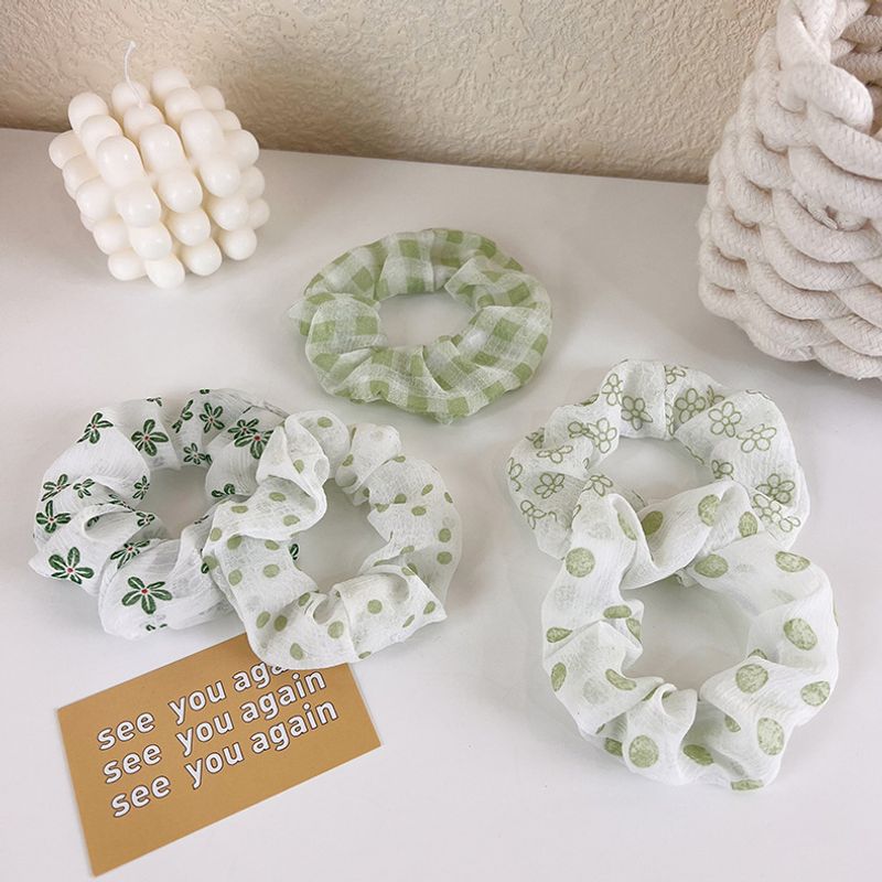 Fashion Green Hair Rope Plaid Polka Dot Flower Hair Scrunchies